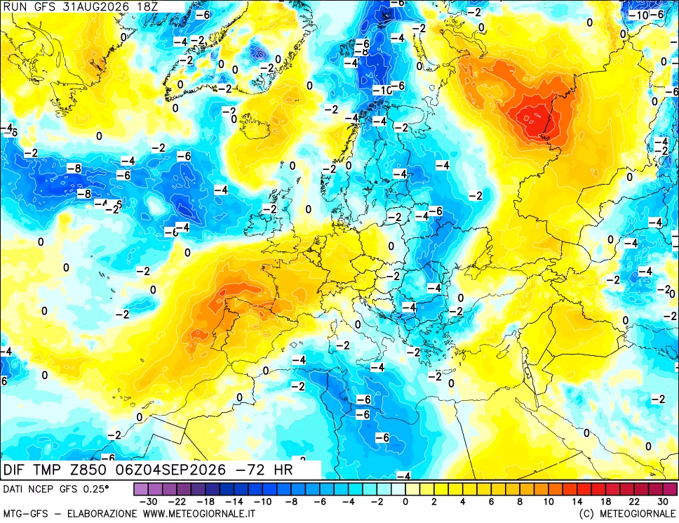 mappa Dif. Temp a 850 hPa Valid - Init