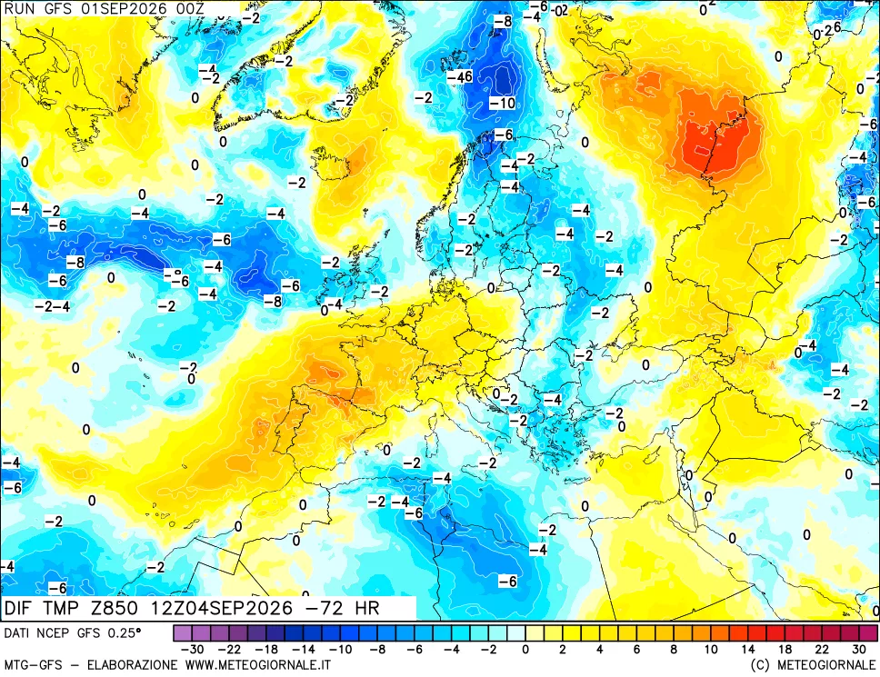 mappa Dif. Temp a 850 hPa Valid - Init
