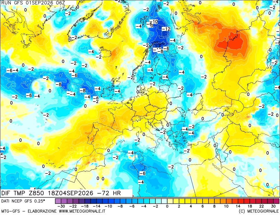 mappa Dif. Temp a 850 hPa Valid - Init