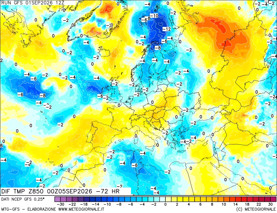 mappa Dif. Temp a 850 hPa Valid - Init
