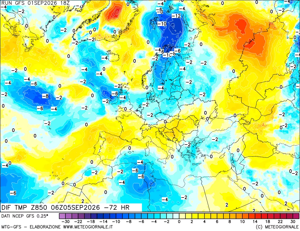 mappa Dif. Temp a 850 hPa Valid - Init