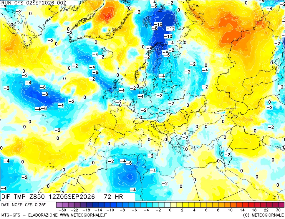 mappa Dif. Temp a 850 hPa Valid - Init