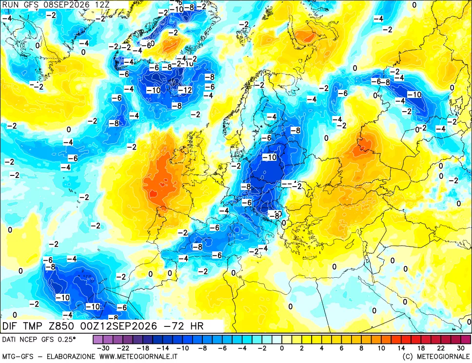 mappa Dif. Temp a 850 hPa Valid - Init