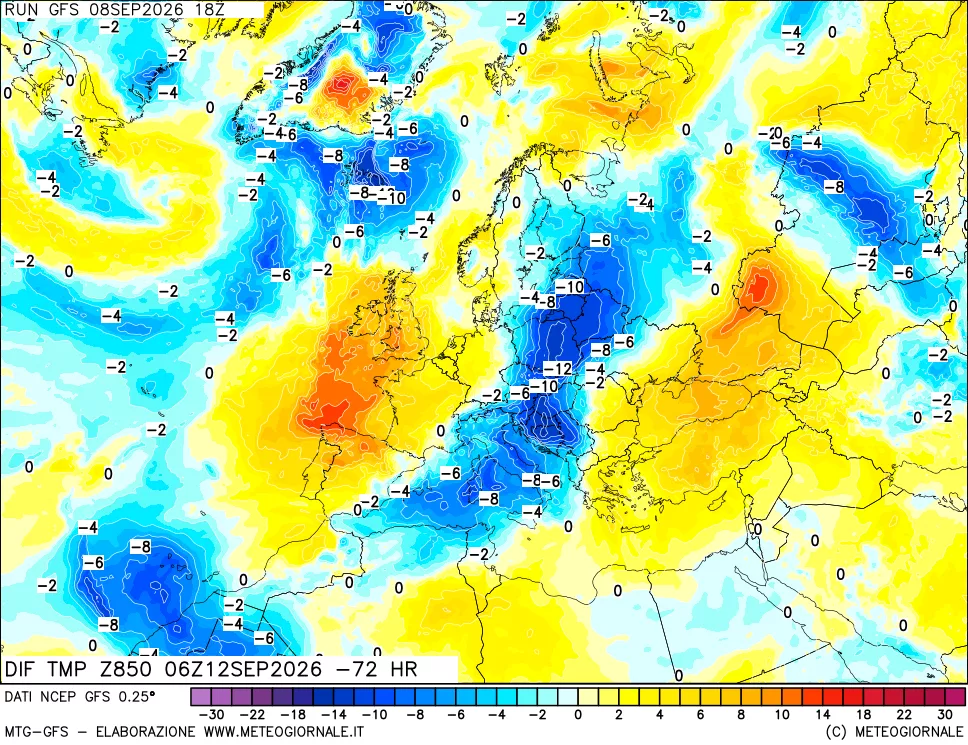 mappa Dif. Temp a 850 hPa Valid - Init