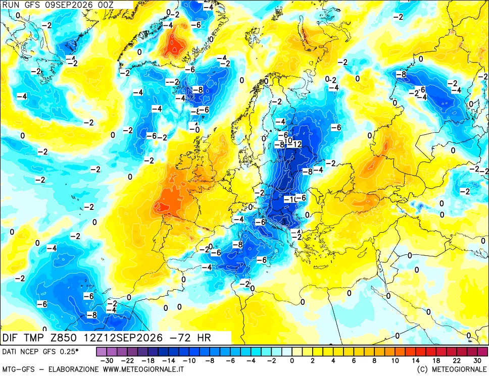 mappa Dif. Temp a 850 hPa Valid - Init