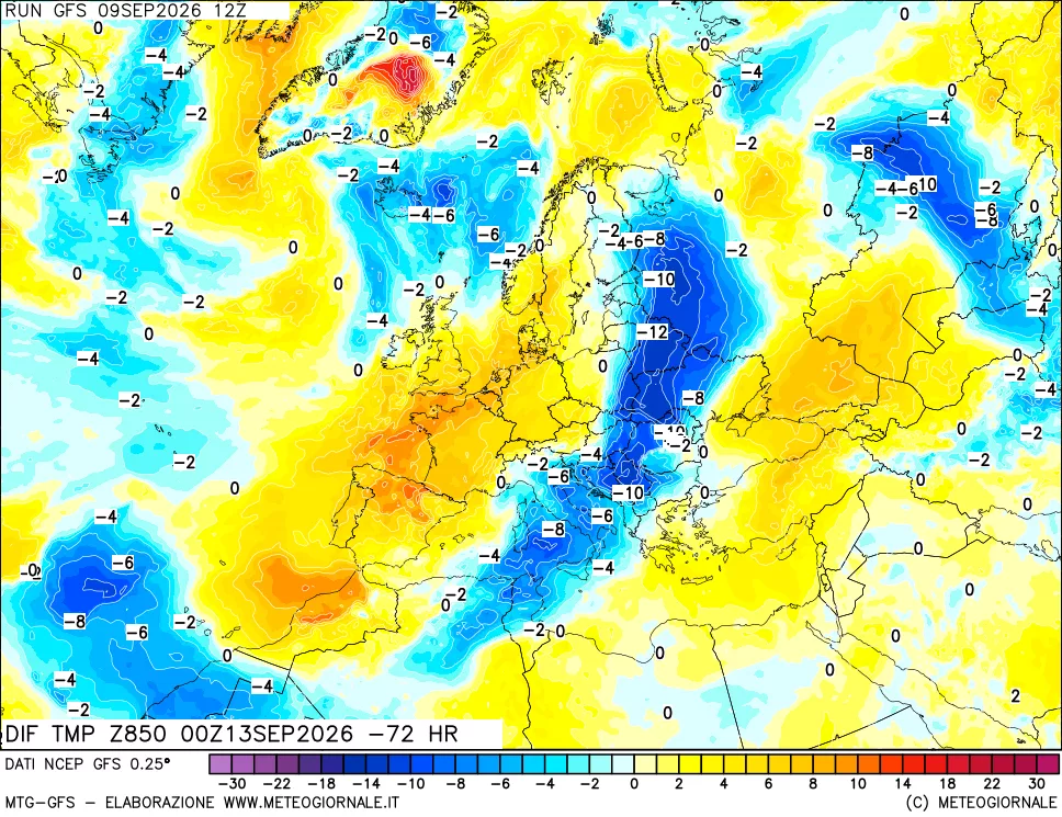 mappa Dif. Temp a 850 hPa Valid - Init