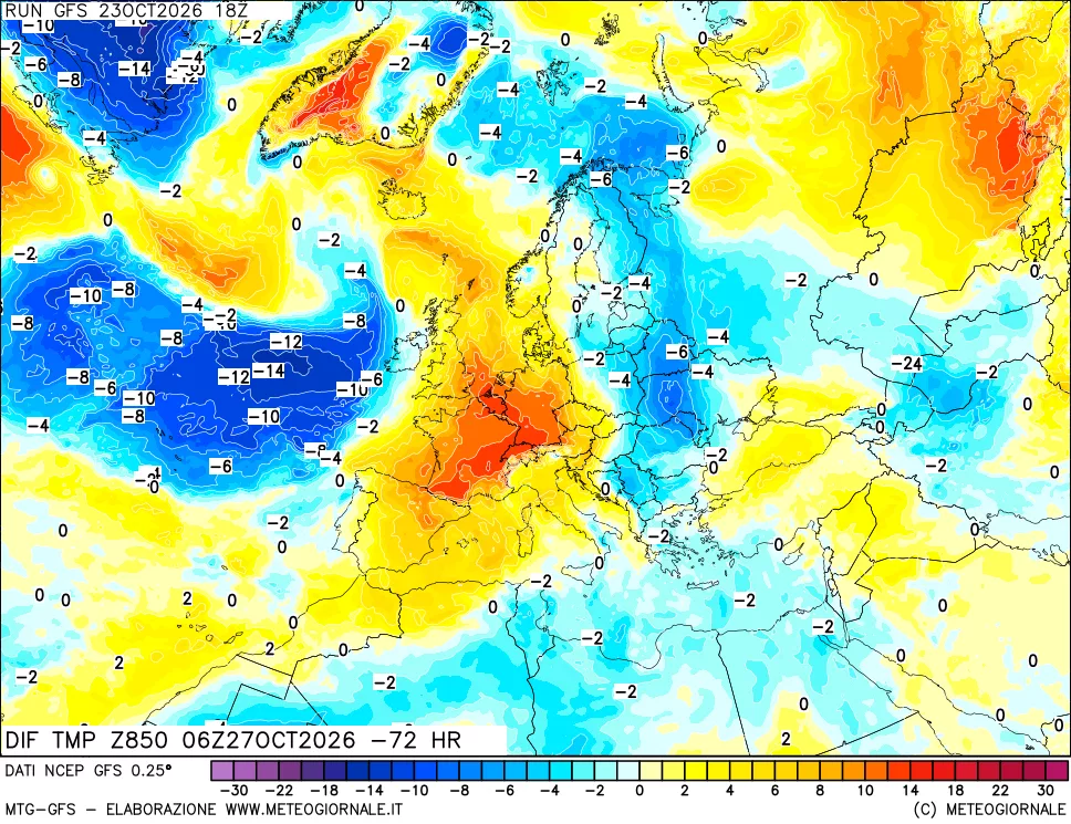 mappa Dif. Temp a 850 hPa Valid - Init