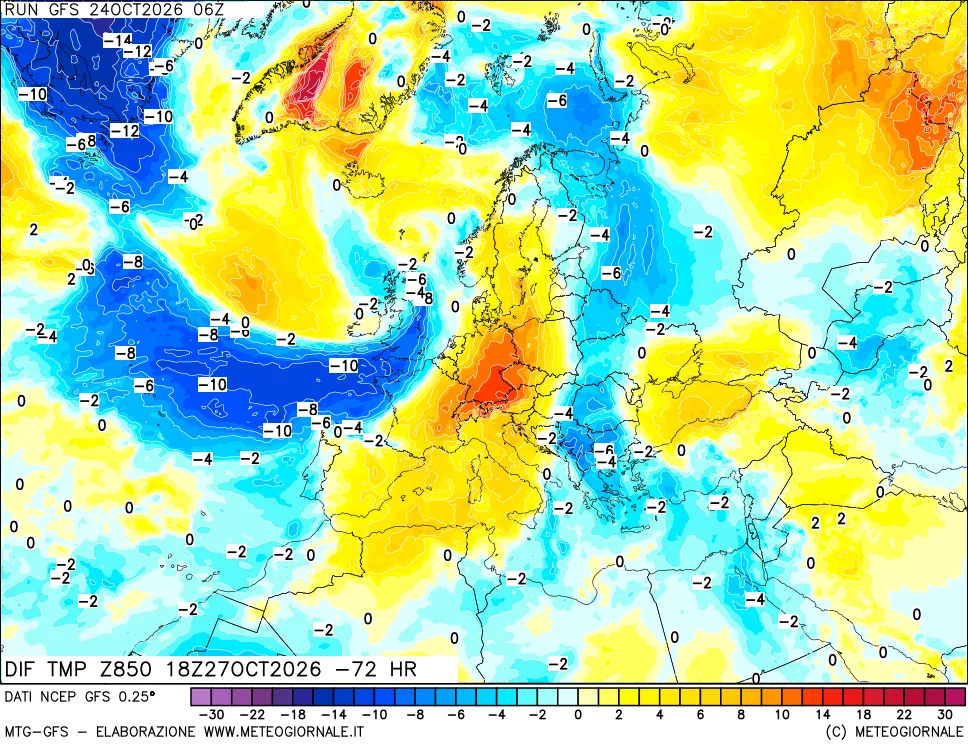 mappa Dif. Temp a 850 hPa Valid - Init