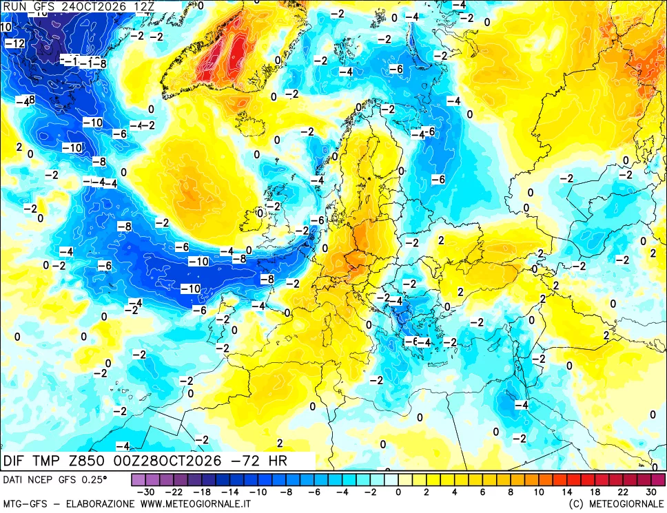mappa Dif. Temp a 850 hPa Valid - Init