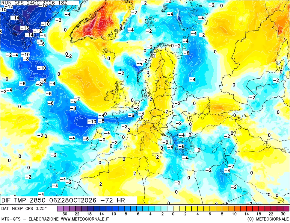 mappa Dif. Temp a 850 hPa Valid - Init