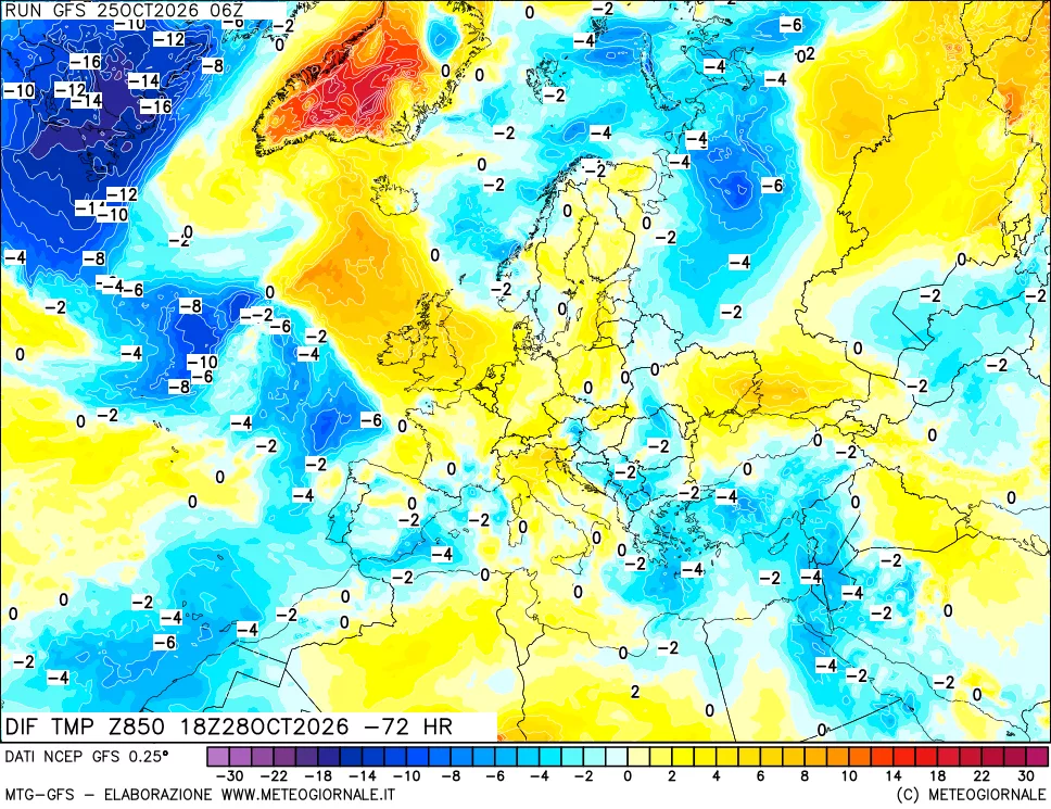 mappa Dif. Temp a 850 hPa Valid - Init