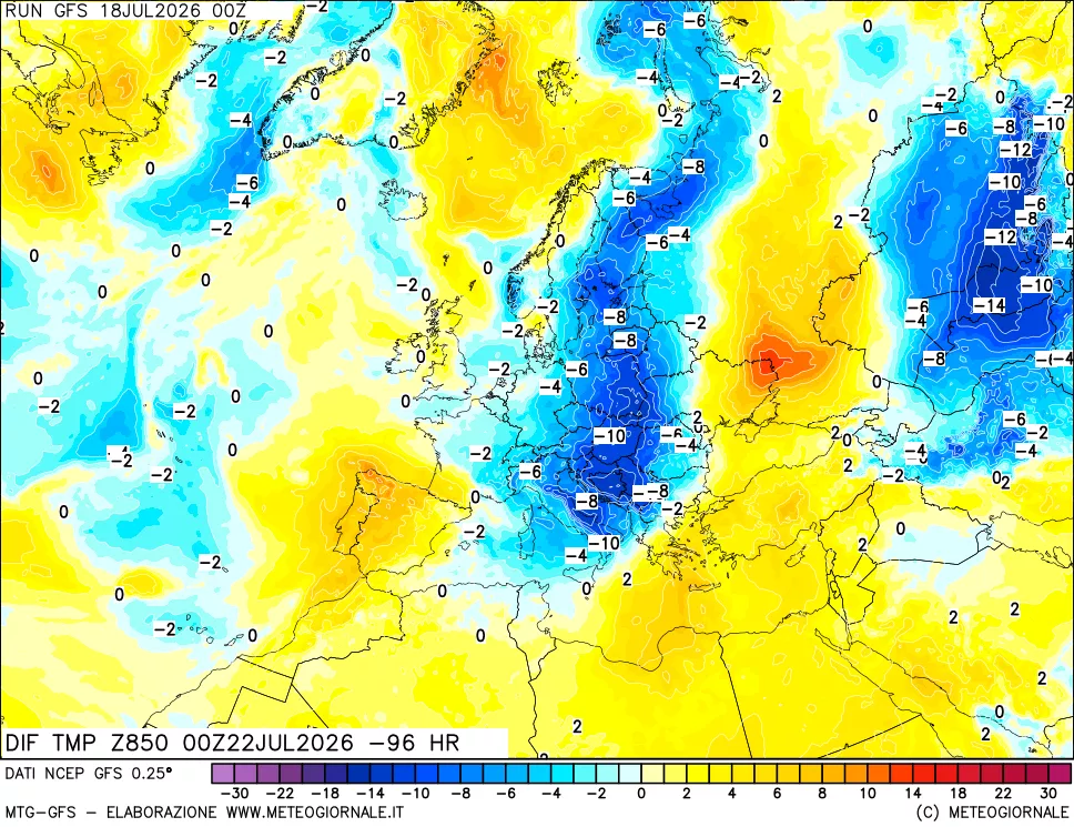 mappa Dif. Temp a 850 hPa Valid - Init
