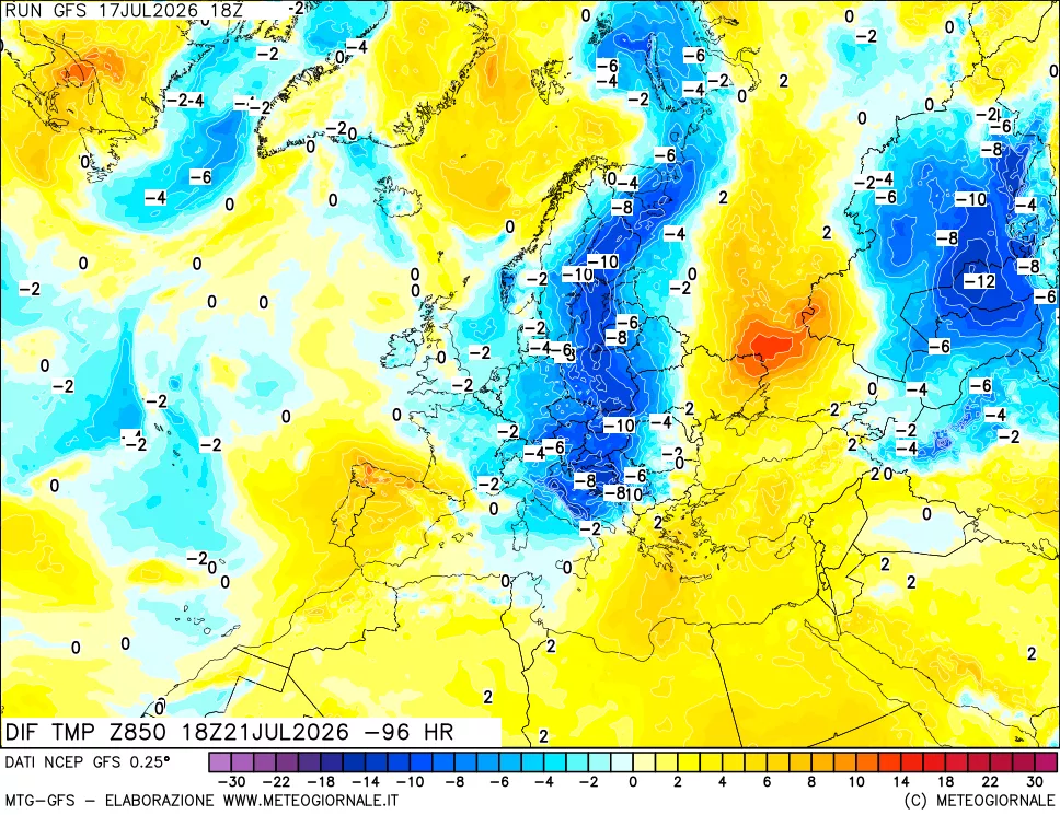 mappa Dif. Temp a 850 hPa Valid - Init