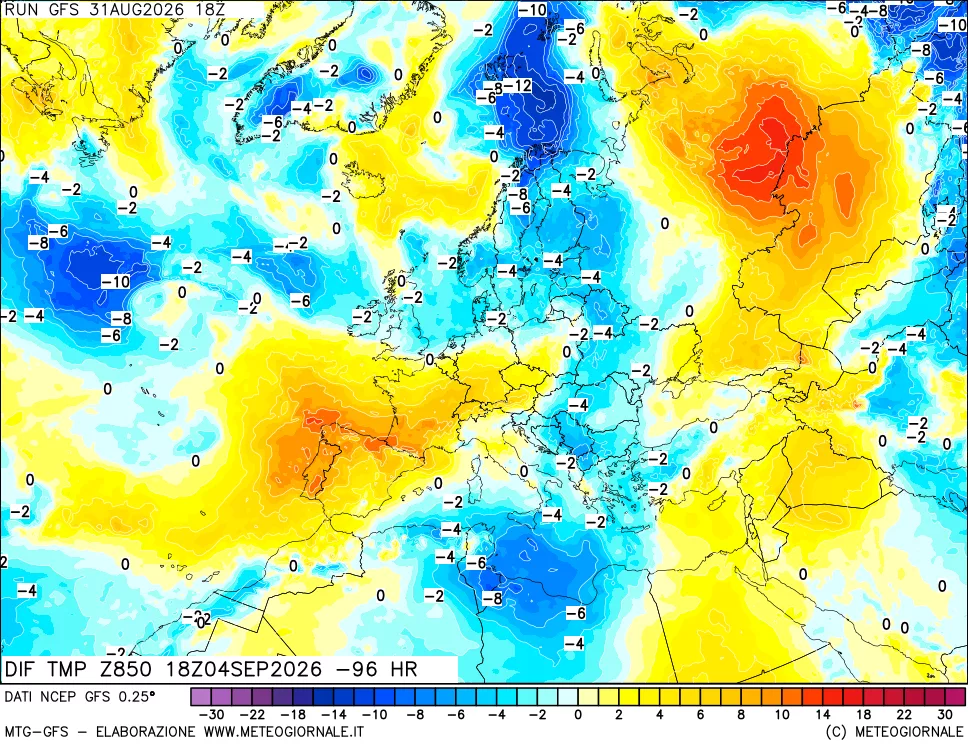 mappa Dif. Temp a 850 hPa Valid - Init
