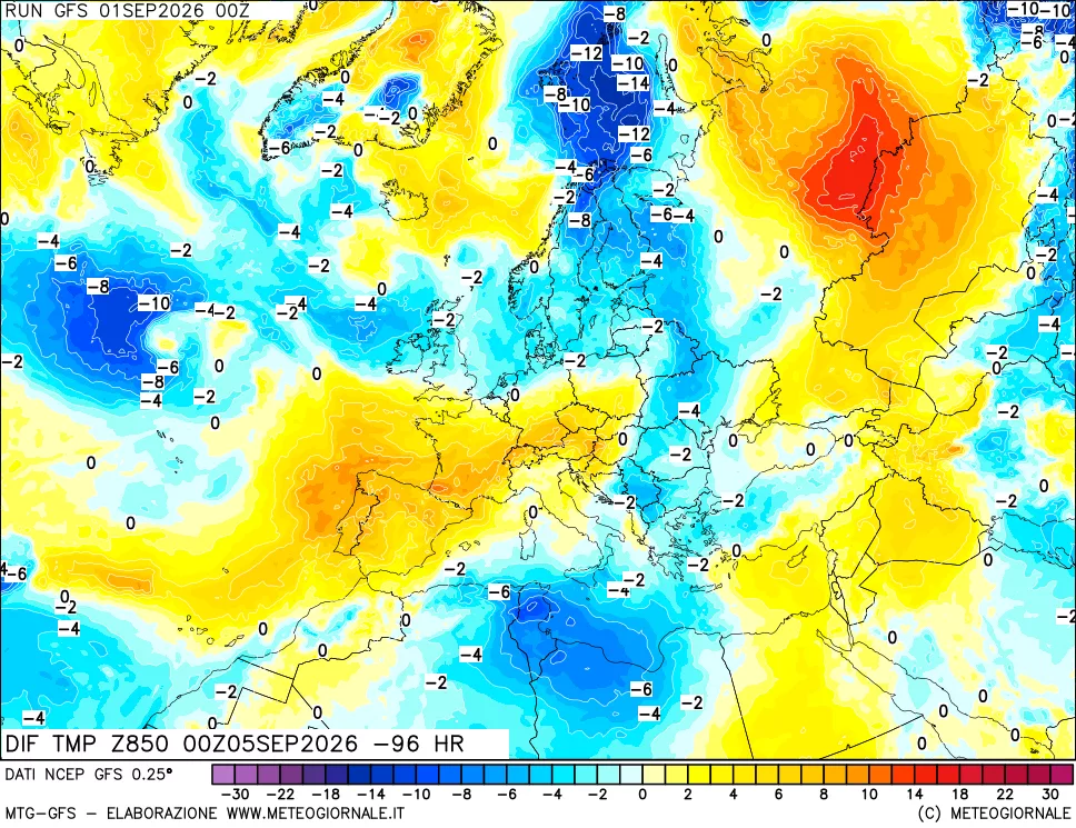 mappa Dif. Temp a 850 hPa Valid - Init