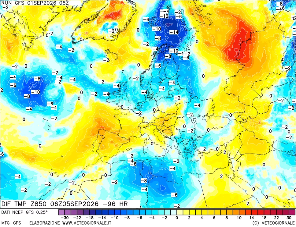 mappa Dif. Temp a 850 hPa Valid - Init