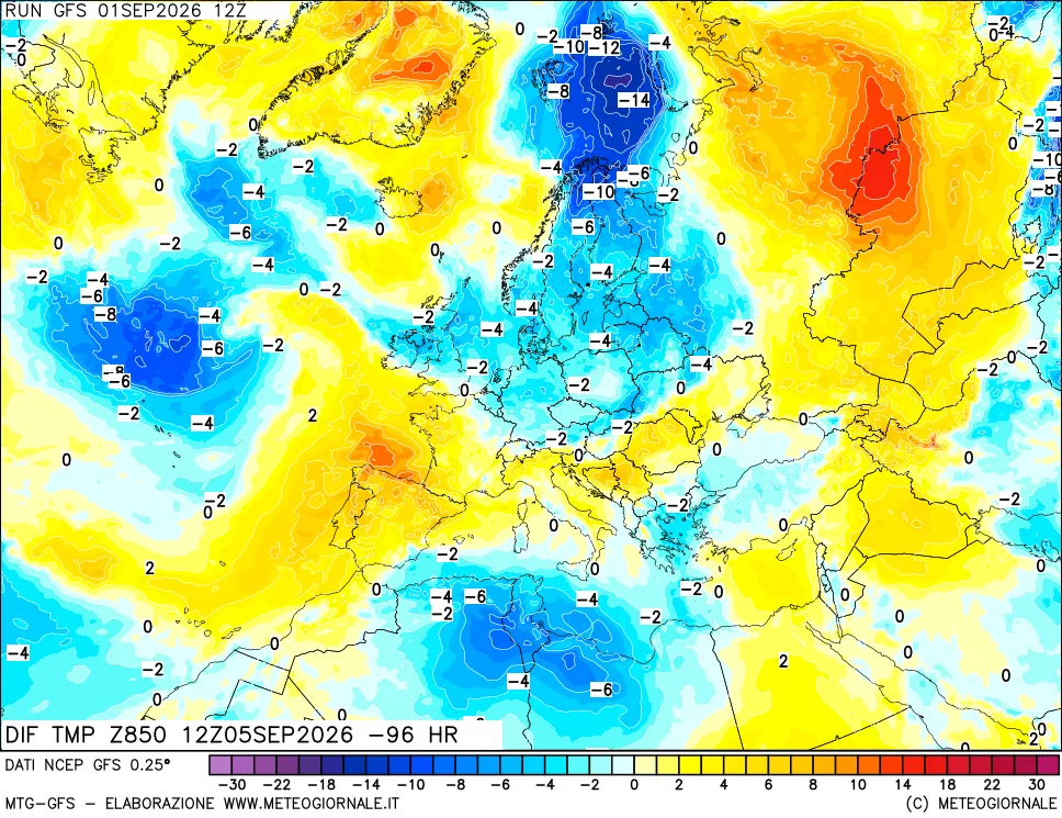 mappa Dif. Temp a 850 hPa Valid - Init