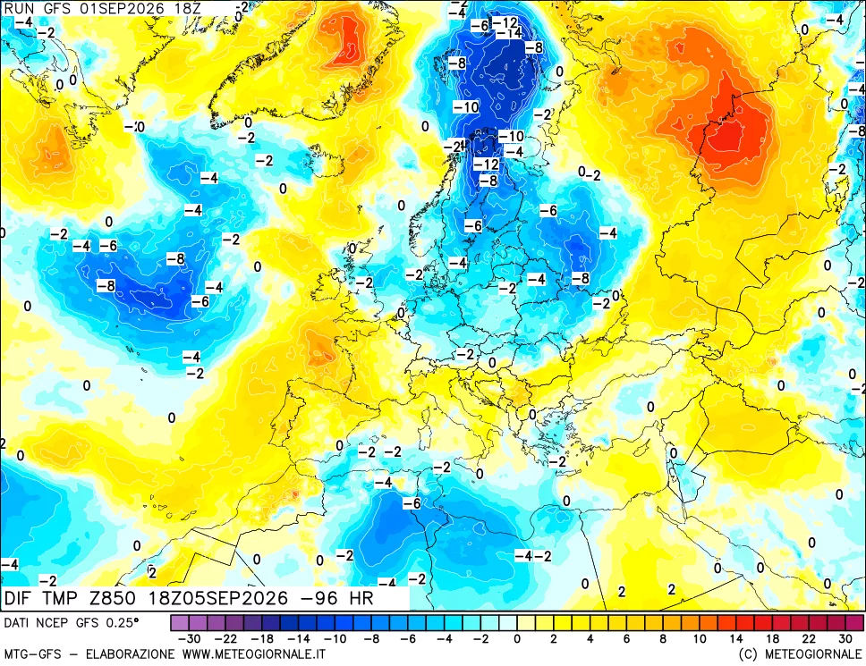 mappa Dif. Temp a 850 hPa Valid - Init