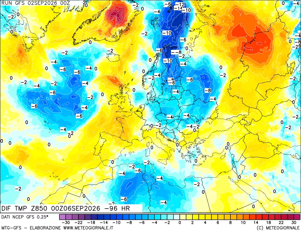 mappa Dif. Temp a 850 hPa Valid - Init