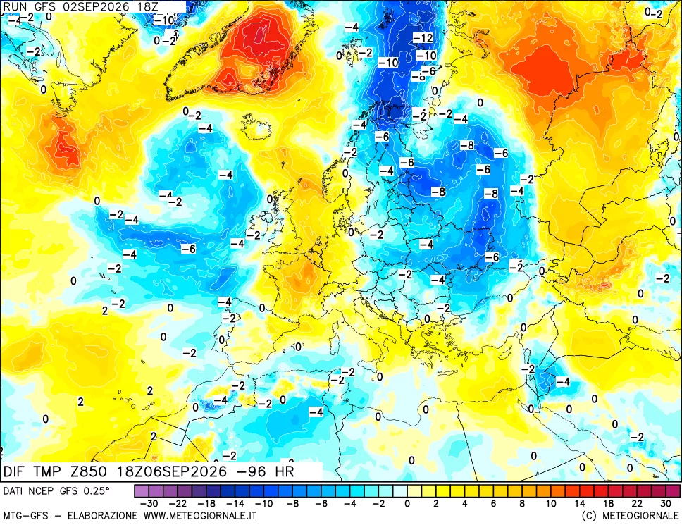 mappa Dif. Temp a 850 hPa Valid - Init