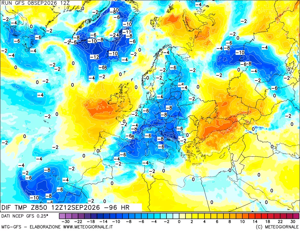 mappa Dif. Temp a 850 hPa Valid - Init