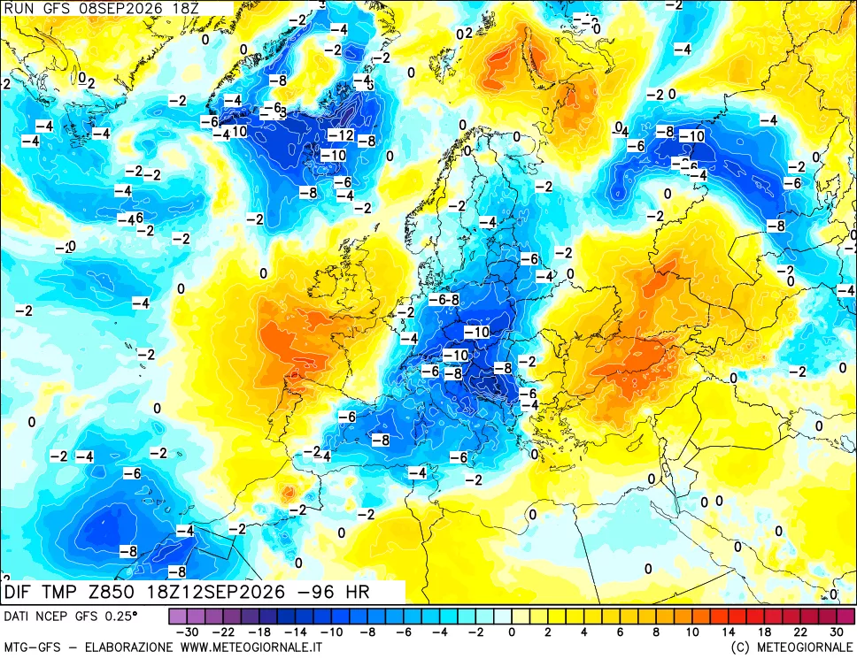 mappa Dif. Temp a 850 hPa Valid - Init