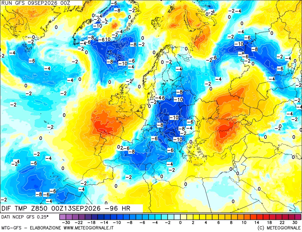 mappa Dif. Temp a 850 hPa Valid - Init