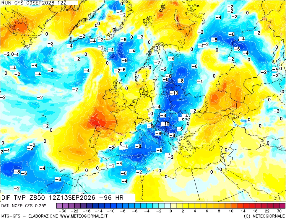 mappa Dif. Temp a 850 hPa Valid - Init