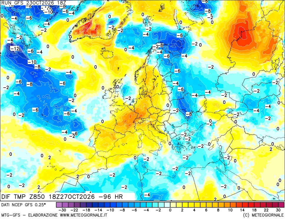 mappa Dif. Temp a 850 hPa Valid - Init