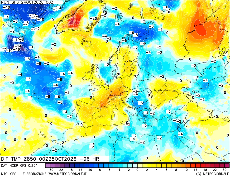 mappa Dif. Temp a 850 hPa Valid - Init