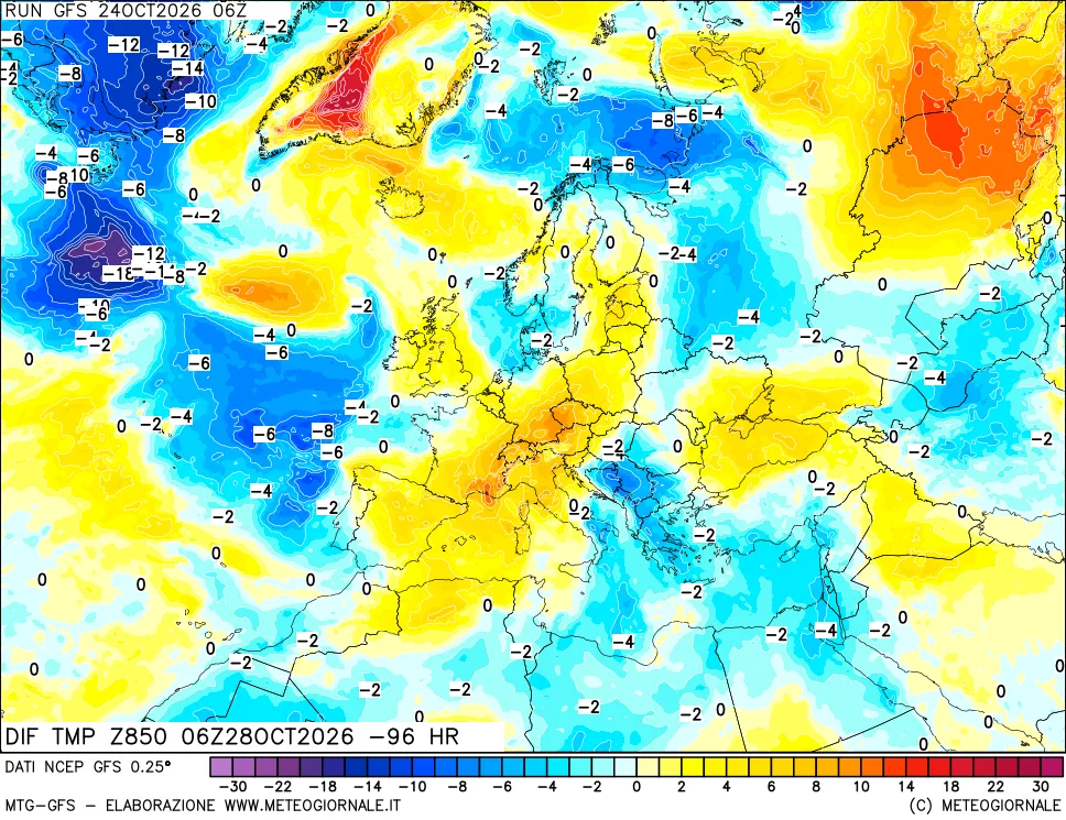 mappa Dif. Temp a 850 hPa Valid - Init
