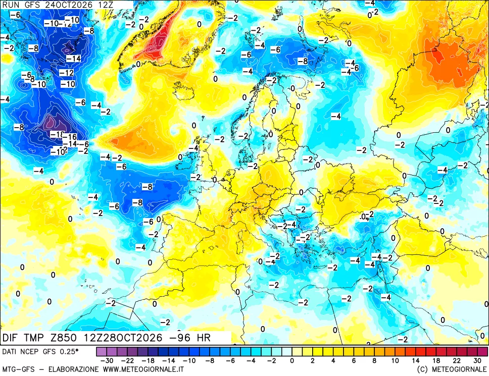 mappa Dif. Temp a 850 hPa Valid - Init