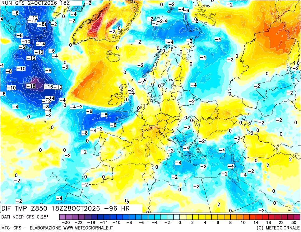 mappa Dif. Temp a 850 hPa Valid - Init