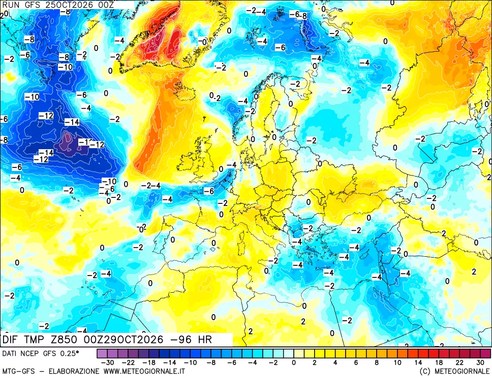 mappa Dif. Temp a 850 hPa Valid - Init