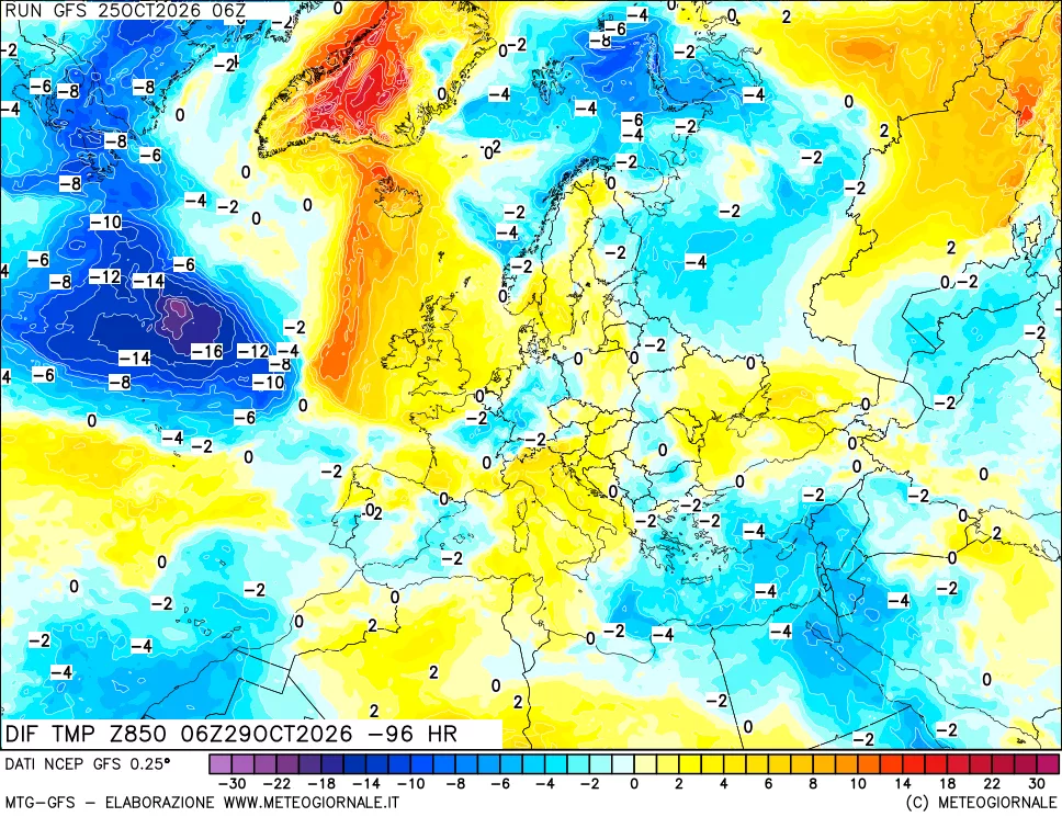 mappa Dif. Temp a 850 hPa Valid - Init