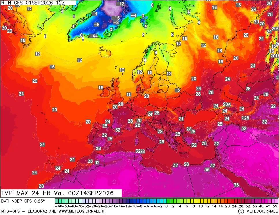 mappa Temperatura massima 24 ore