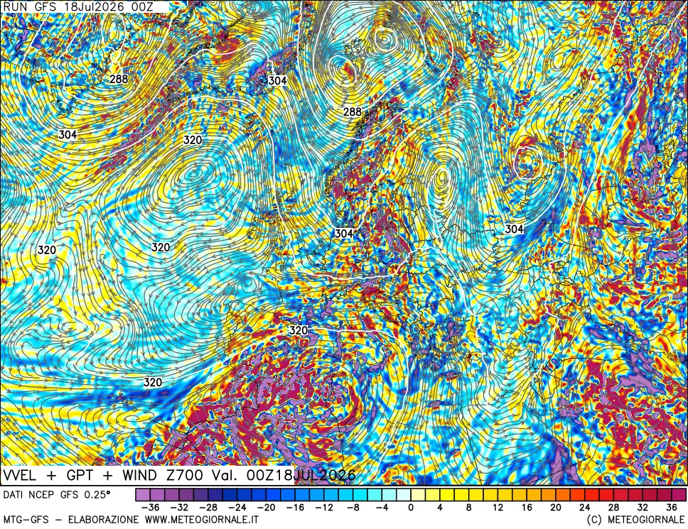 mappa 700 hPa Velocità verticiali + GPT + Vento