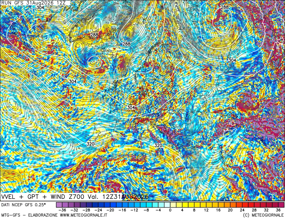 mappa 700 hPa Velocità verticiali + GPT + Vento