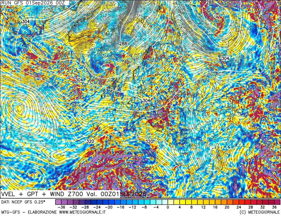 mappa 700 hPa Velocità verticiali + GPT + Vento