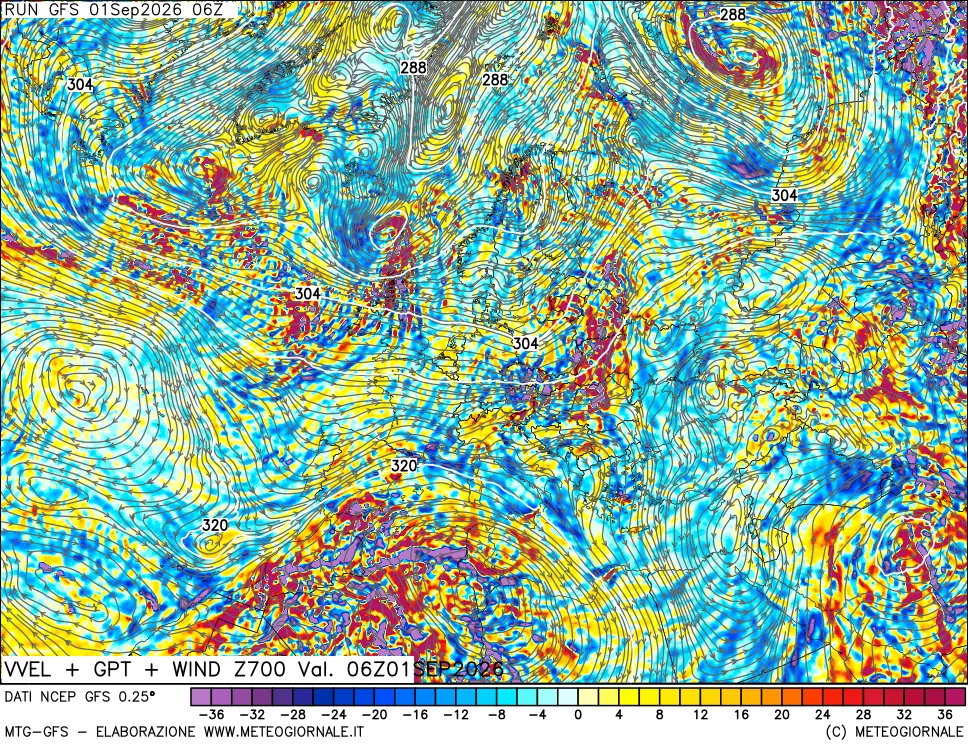 mappa 700 hPa Velocità verticiali + GPT + Vento