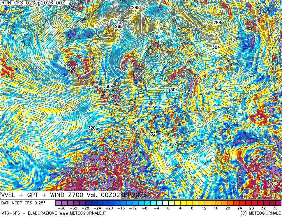 mappa 700 hPa Velocità verticiali + GPT + Vento