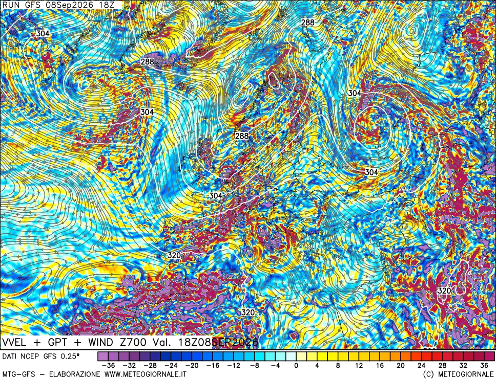 mappa 700 hPa Velocità verticiali + GPT + Vento