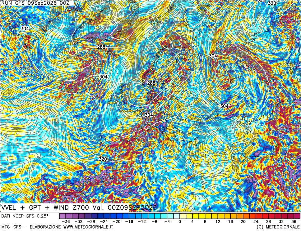 mappa 700 hPa Velocità verticiali + GPT + Vento