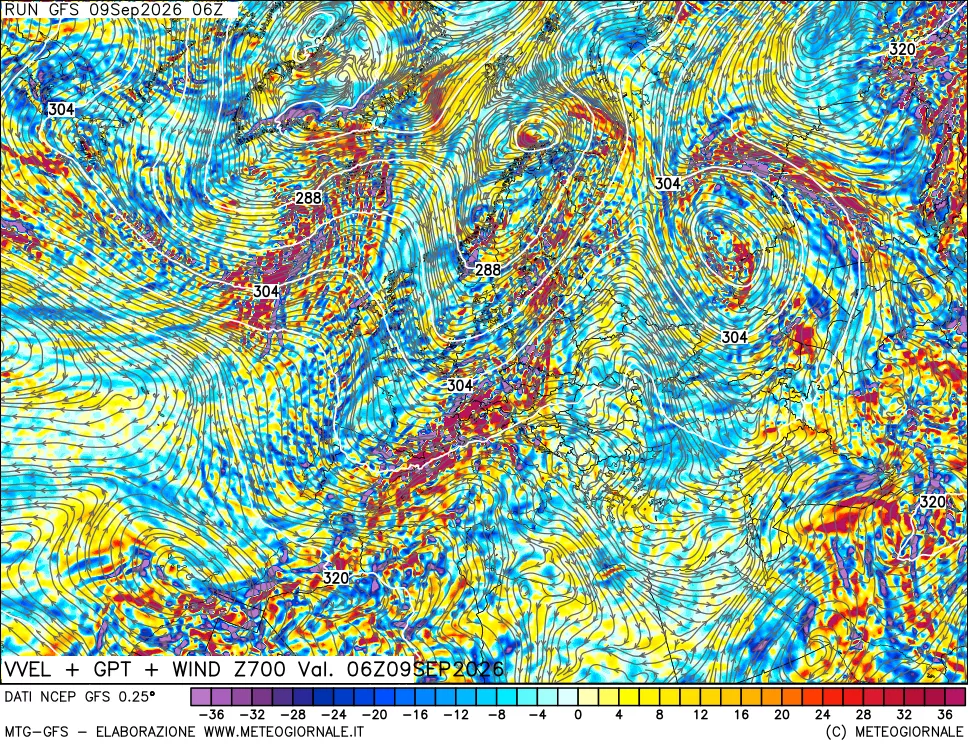 mappa 700 hPa Velocità verticiali + GPT + Vento
