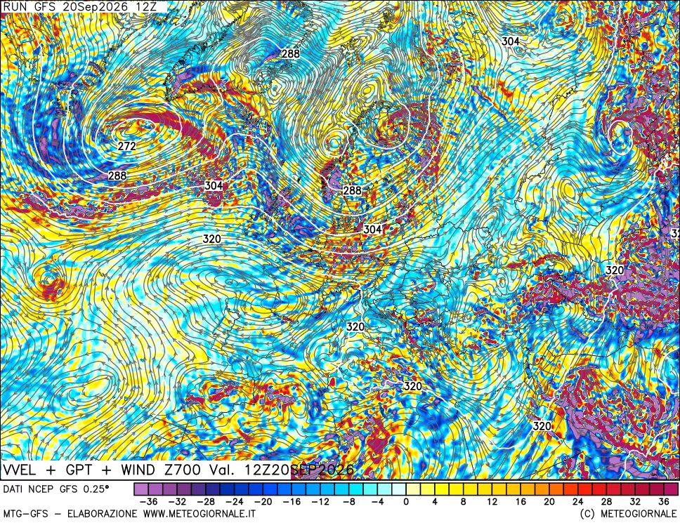 mappa 700 hPa Velocità verticiali + GPT + Vento