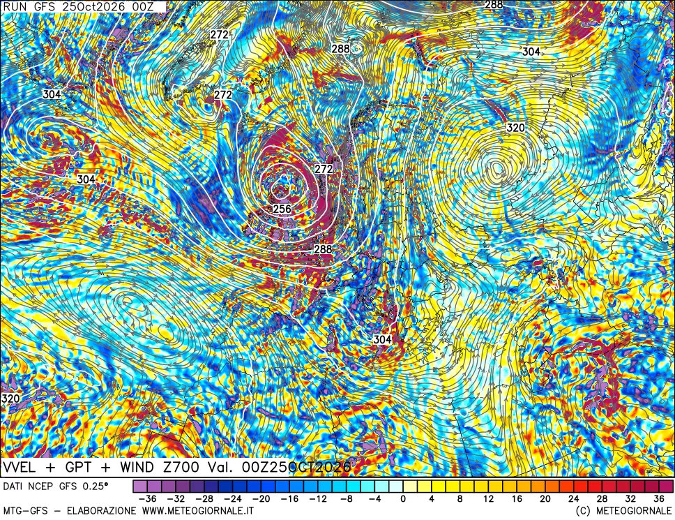 mappa 700 hPa Velocità verticiali + GPT + Vento