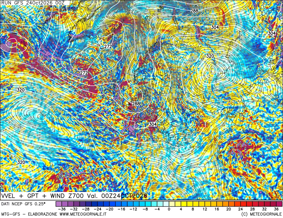 mappa 700 hPa Velocità verticiali + GPT + Vento