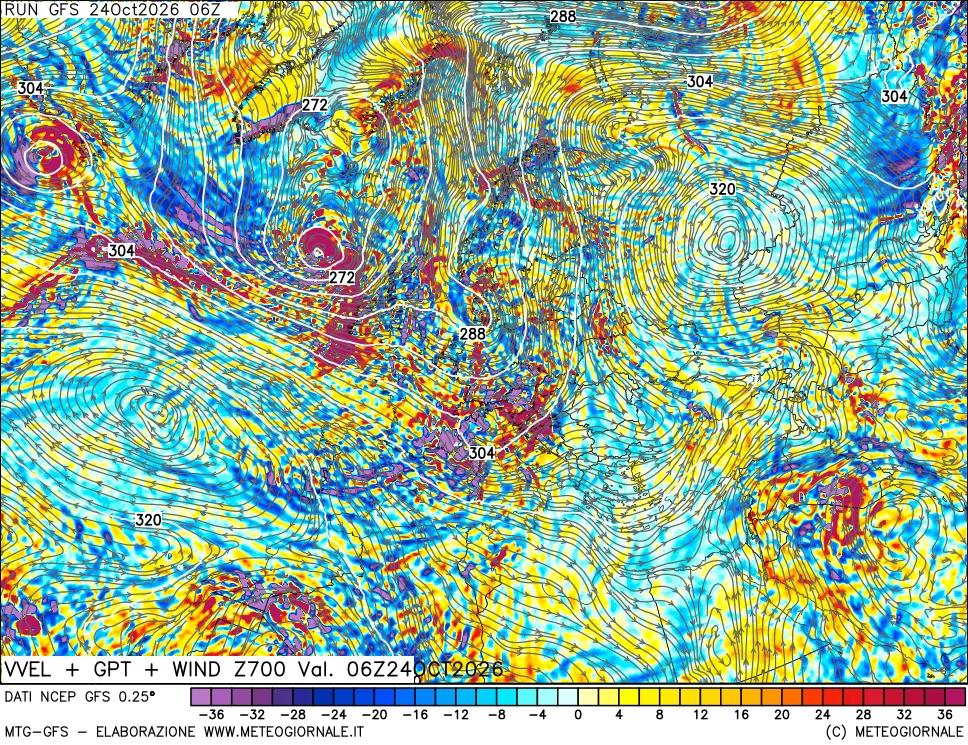 mappa 700 hPa Velocità verticiali + GPT + Vento