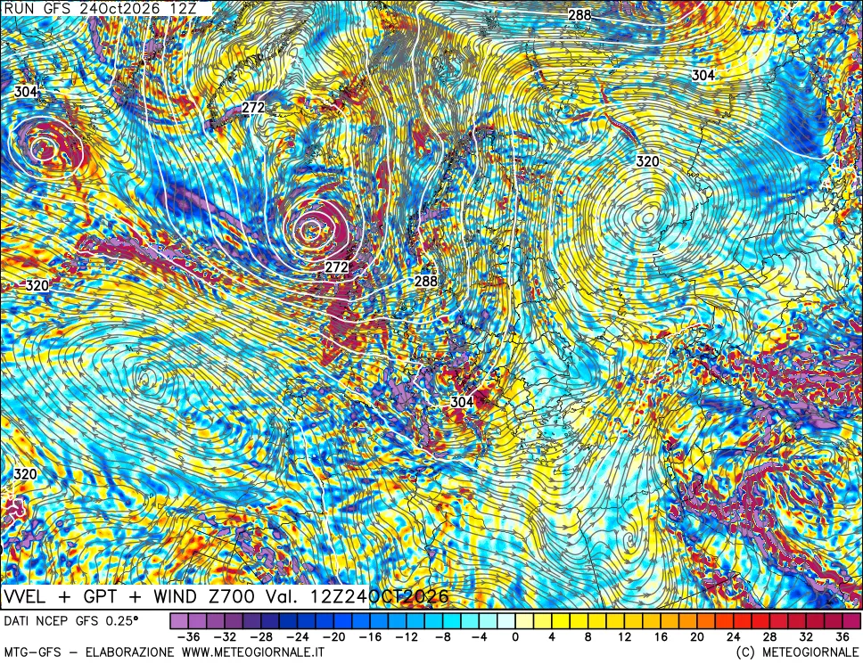 mappa 700 hPa Velocità verticiali + GPT + Vento