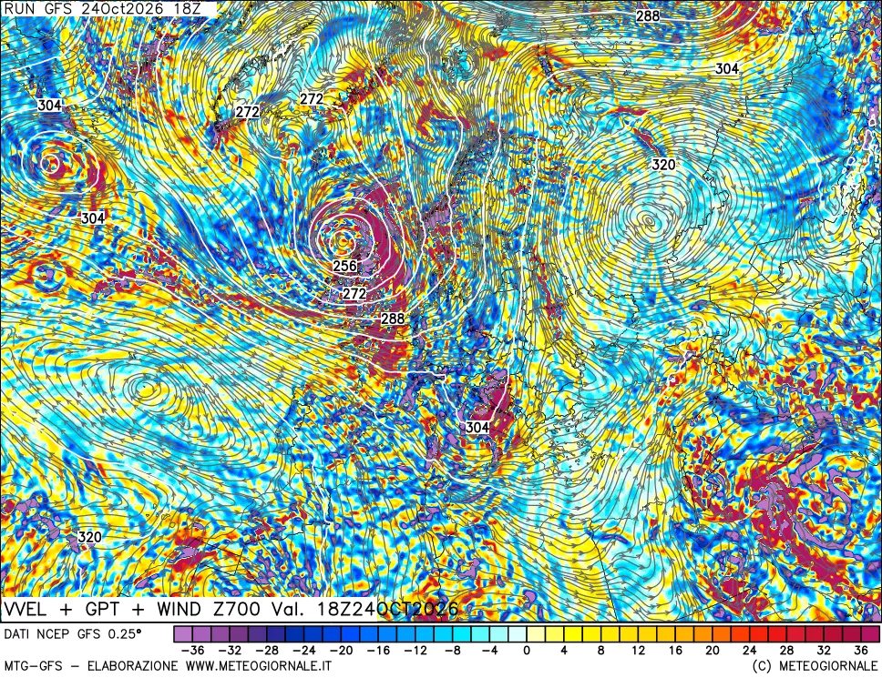 mappa 700 hPa Velocità verticiali + GPT + Vento